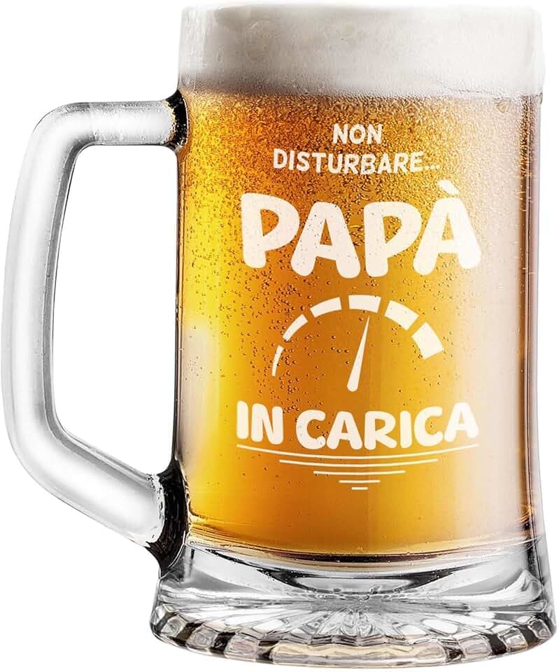 STAMPATEK Boccale per la Birra Regalo Festa del papà Idee Regalo, 520 ml H 15,3 cm Ø 9,3 cm - Pinta Bicchiere Birra Idea regalo compleanno Natale per gli amanti della birra - Papà in carica