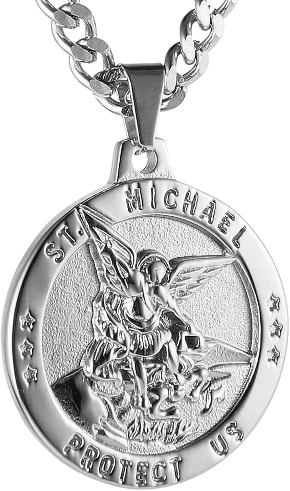 HZMAN Saint Michael Necklace for Men Stainless Steel Retro Archangel Round Medal Pendant Necklace Jewelry Gift