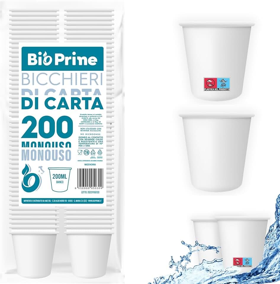 200pz - Bicchieri Acqua in Carta 200ml - Bicchieri 200ml Biodegradabili - Per Bevande Calde, Acqua e Bibite - Bicchieri Usa e Getta.