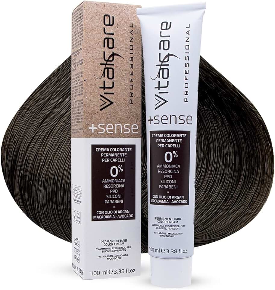 Vitalcare | +Sense - Colorazione Permanente Professionale, Crema Colorante Capelli, Senza Ammoniaca, Resorcina, PPD, Siliconi - Con Olio Di Argan, Macadamia e Avocado, 3/00 Castano Scuro