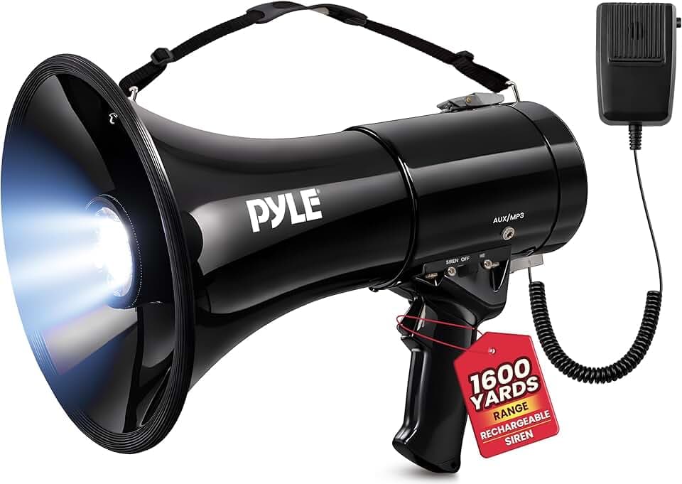 Pyle Megafono 50 Watt con Microfono, Megafono Portatile con Sirena Allarme e Volume Regolabile, Interno/Esterno, Sport, Calcio, Basket, Baseball, Fans e Allenatori e Emergenze