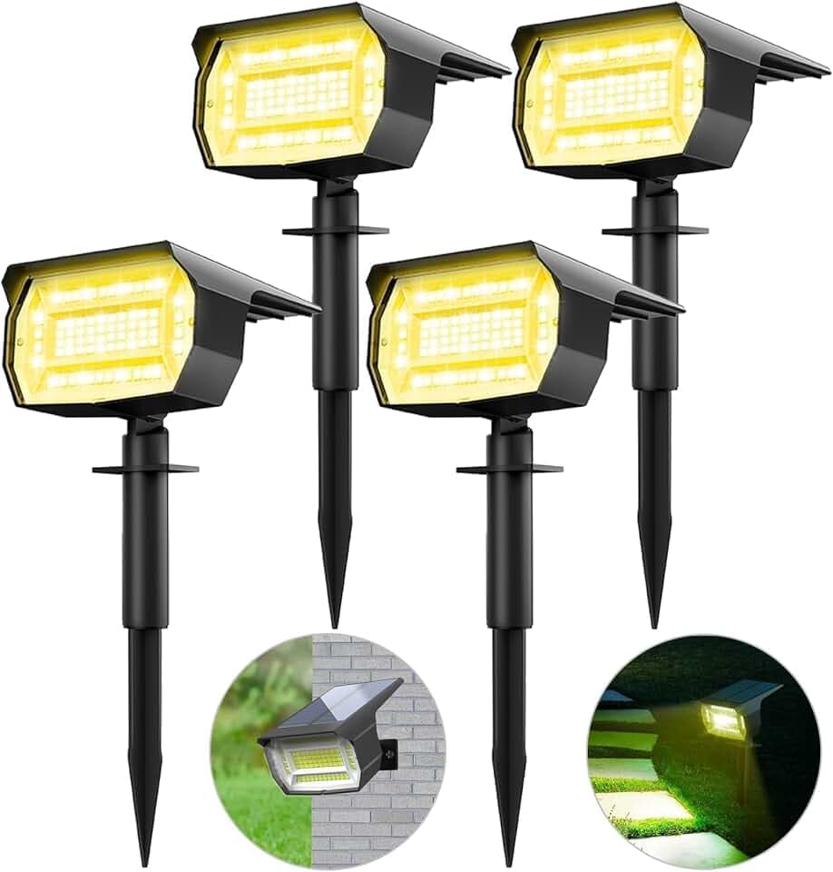 4 Pezzi Faretti Energia Solare da Esterno, 72 LED Faretti Solari a LED da Esterno 3 Livelli di Luminosità, IP65 Impermeabile Lampioncini Solari da Giardino per Cortile, Vialetto, Alberi, Bianco Caldo