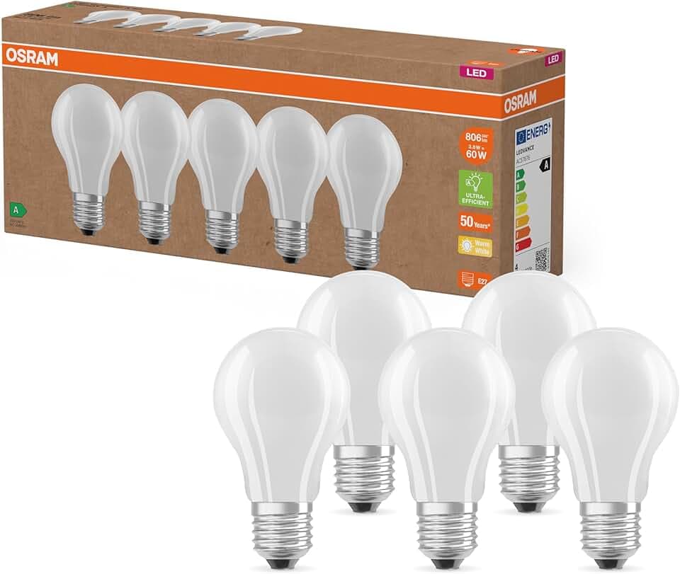OSRAM Lampade LED ad alta efficienza con classe di efficienza energetica A, Confezione vantaggiosa con 5 lampadine, sostituzione 60W, bianco caldo (2700K), E27, vetro opaco Etichetta Energetica