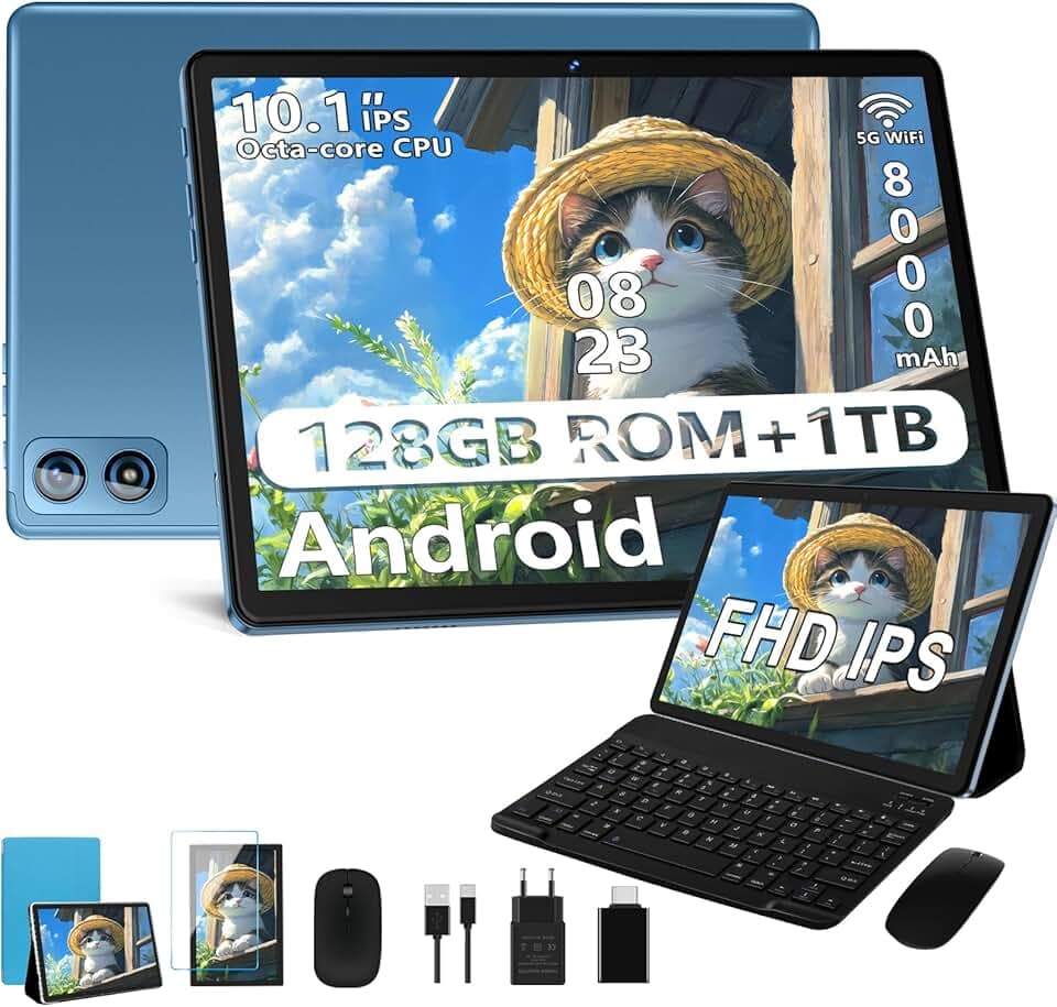 Tablet 10 Pollici Android, 8-core 2.0GHz, 22GB RAM+128GB ROM/TF 1TB, UFS 2.1 Flash, 8000mAh, 8+5MP, Bluetooth 5.0, WiFi 5G, Corpo in Metallo, Widevine L1, Tablet con Tastiera e Mouse, Azzurro