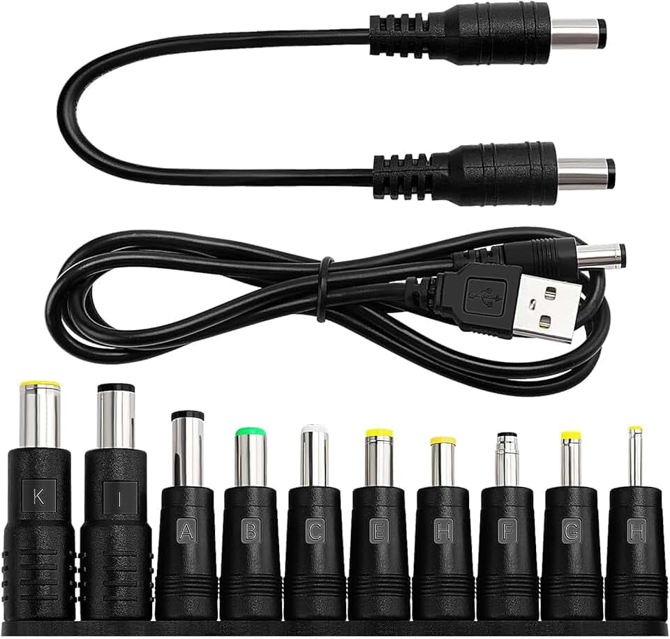 10 in 1 Adattatore di Alimentazione DC Universale, KUOQIY 5.5x2.1 mm Femmina a Maschio Adattatore Jack Connettore, DC Barrel Connettore Tips con 2 Pezzi Cavo, per Ventilatori, Router