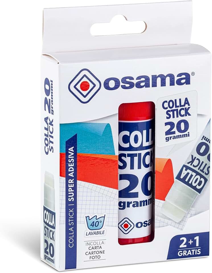 OSAMA - Colla Stick Extra Forte, 2 Pezzi + 1 Gratis, 20 gr - Set Colle Stick Ideale per Cancelleria Scuola, Ufficio e Università - Scorrevole su Carta, Cartoncino e Foto senza Grumi, Adatta ai Bambini