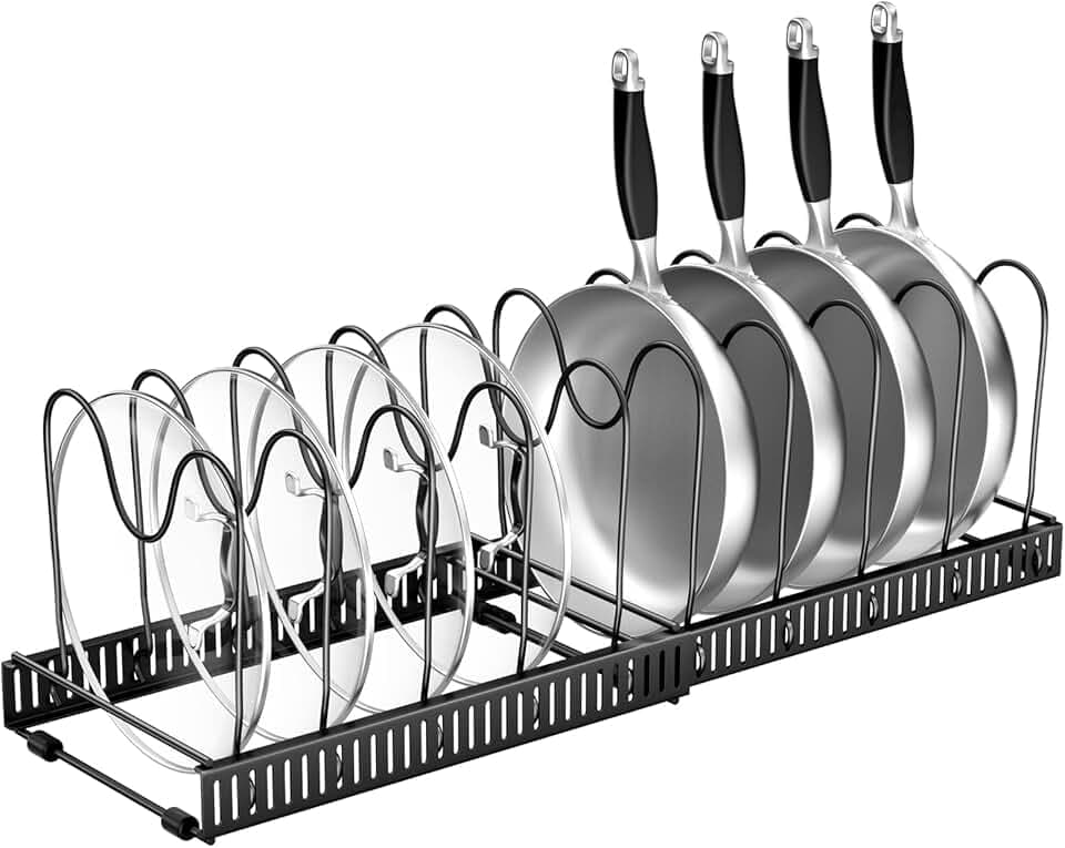 Fousenuk Porta Coperchi Pentole, Organizer Padelle con 10 Scomparti Regolabili, Porta Padelle, Portacoperchi Allungabile, Supporto per Coperchio in Metallo, Contenitore da Cucina (Nero)