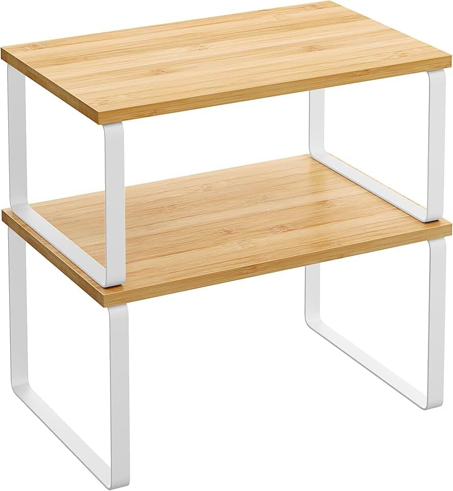 SONGMICS Scaffale Portaspezie, Set di 2 Organizzatori da Cucina Espandibili, Scaffale da Cucina Impilabile, Metallo e Legno Ingegnerizzato, Bianco Nuvola e Beige Naturale KCS02NW The Forest Stewardship Council