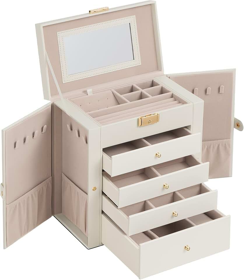 SONGMICS SONGMICS Scatola Portagioie a 5 livelli, Porta Gioielli con 4 Cassetti, Capiente, con Specchio Interno, Chiusura a Chiave, Cofanetto Portagioie, Idea Regalo, per Orologi, Bianco Crema JBC153WD03