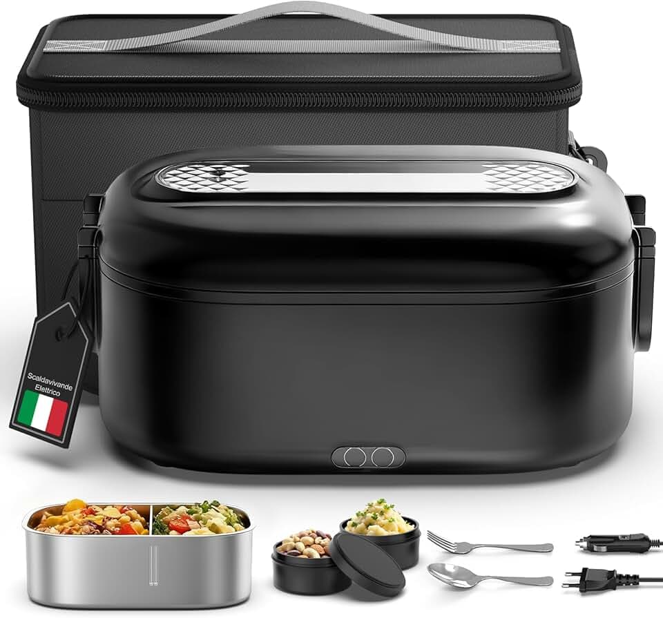 Scaldavivande Elettrico Portatile, 100 W Porta Pranzo Termico con Borsa Termica, 1.5 L 3 In 1 Scalda Vivande Elettrico, 12 V/24 V/220 V Lunch Box Termico per Auto Camion e Ufficio, Nero