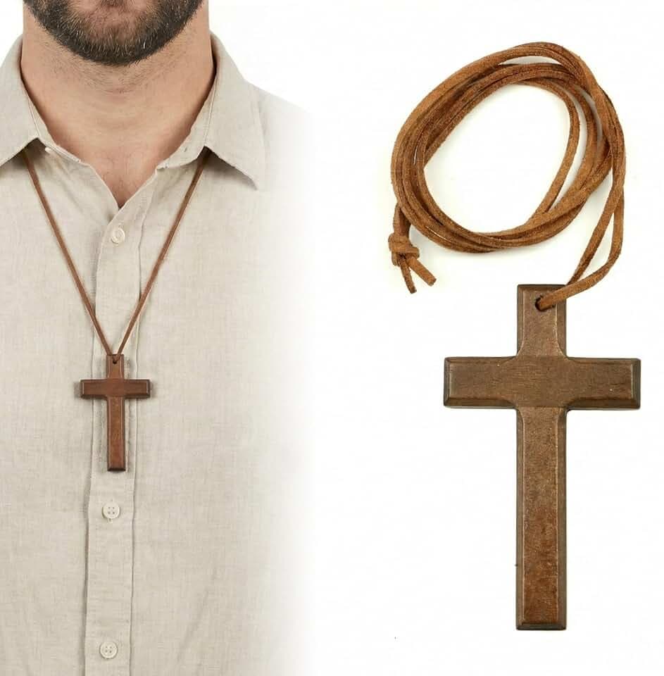 BAUCH Collana croce legno regolabile 70cm noce regalo per famiglia, rosario collana uomo, collana con croce uomo, collana croce