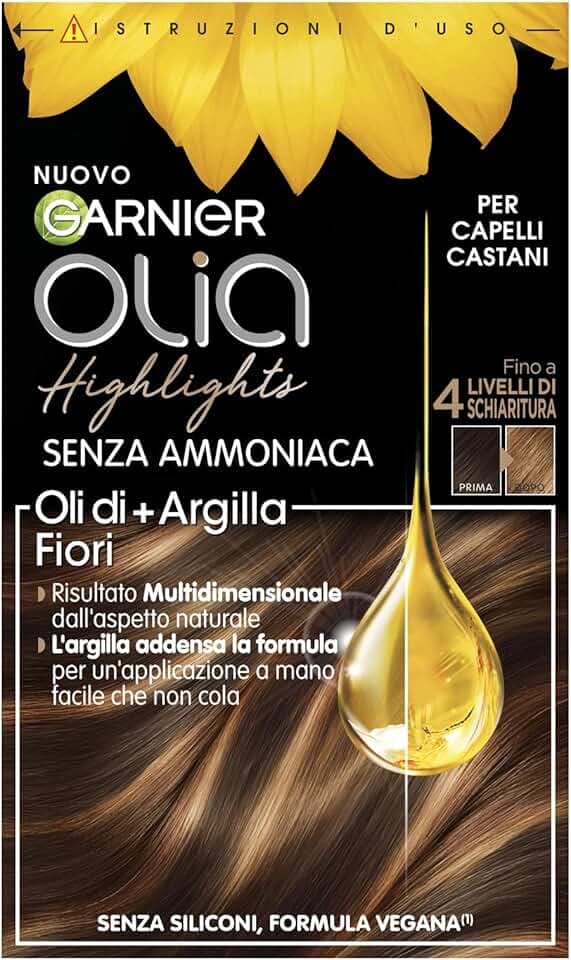 Garnier Olia Highlights, Fino a 4 Livelli di Schiaritura, Per Capelli Castani, Formula con Oli di Fiore + Argilla, Formula Vegana, Senza Ammoniaca