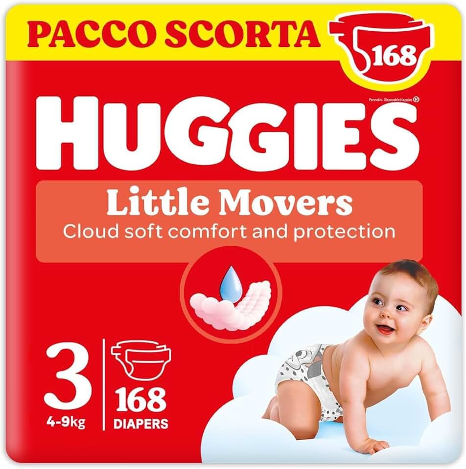 Huggies Little Movers, Pannolini Taglia 3 (4-9 Kg), Ultra assorbente, Design Disney, Pacco Scorta, 168 Pz