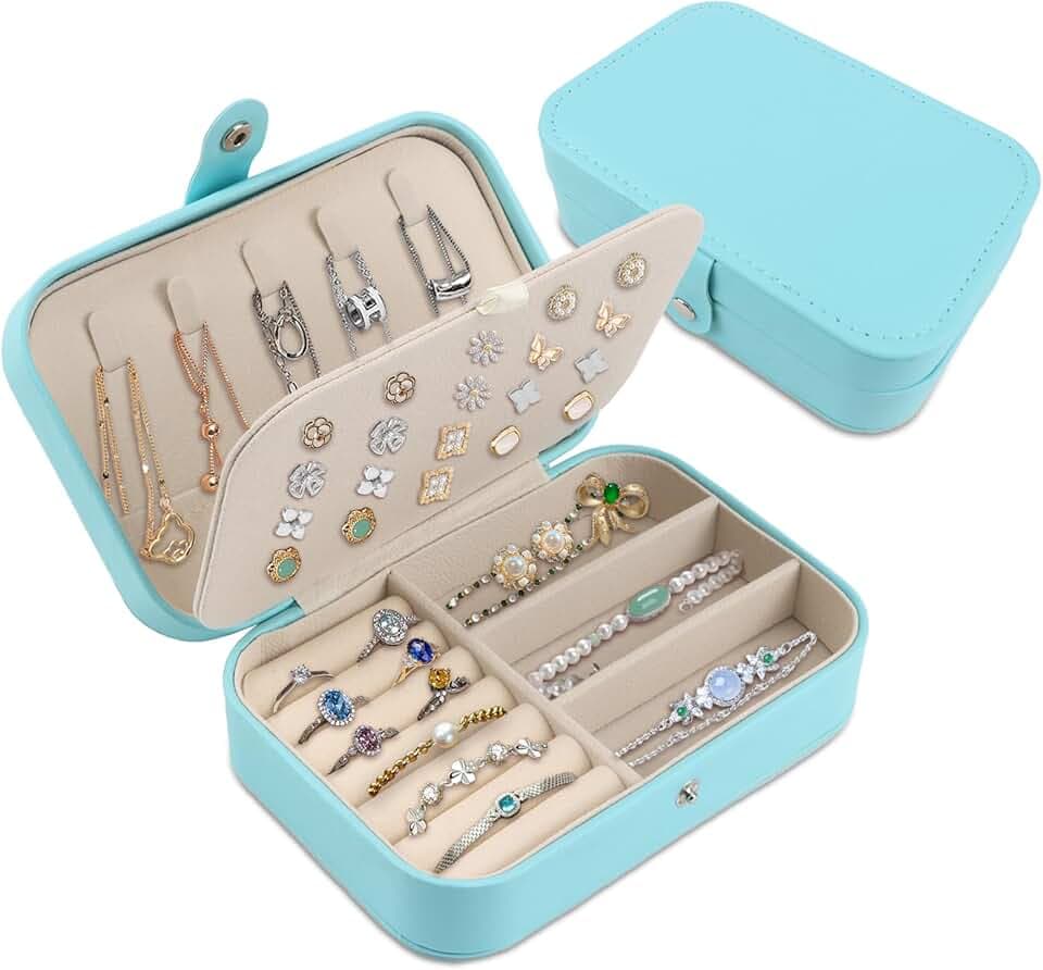 HO-SFSM HO-SFSM Portagioie da viaggio, piccolo portagioie, contenitore per gioielli piccolo, con scomparti, portatile, per anelli, orecchini, collane, azzurro