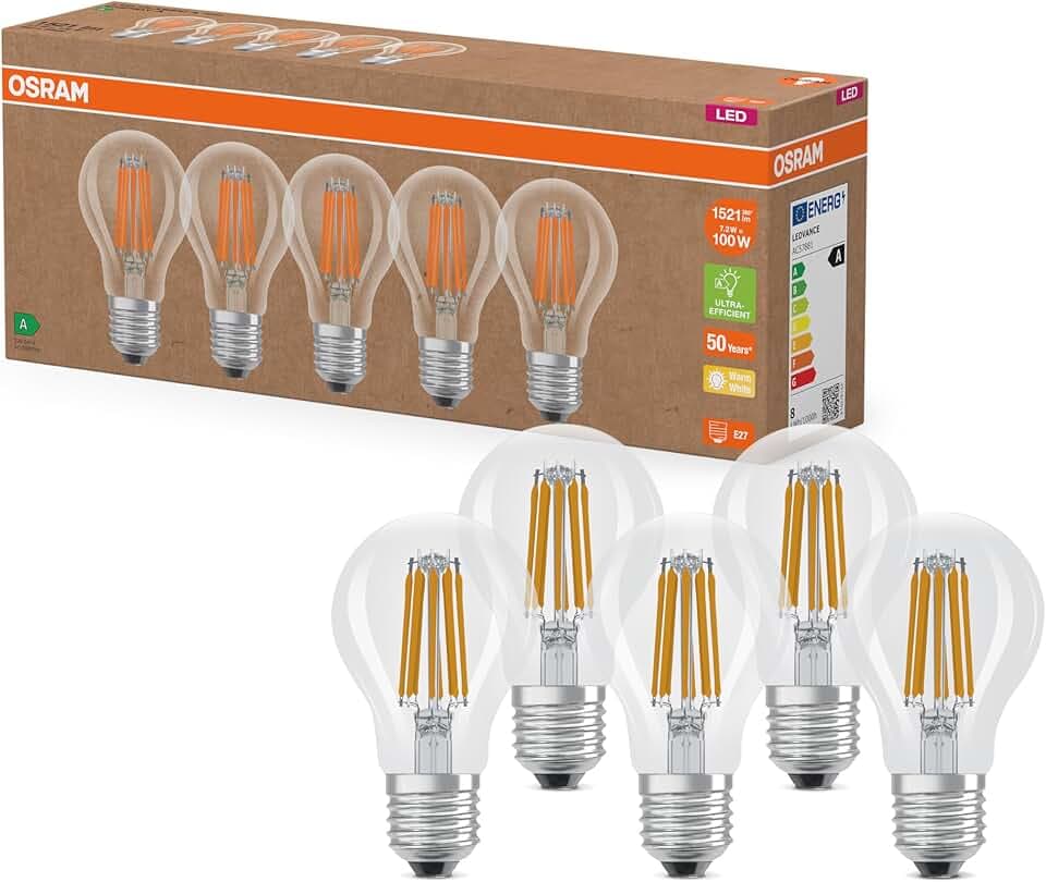 OSRAM Lampade LED ad alta efficienza con classe di efficienza energetica A, Confezione vantaggiosa con 5 lampadine, sostituzione 100W, bianco caldo (2700K), E27,vetro a filamento Etichetta Energetica