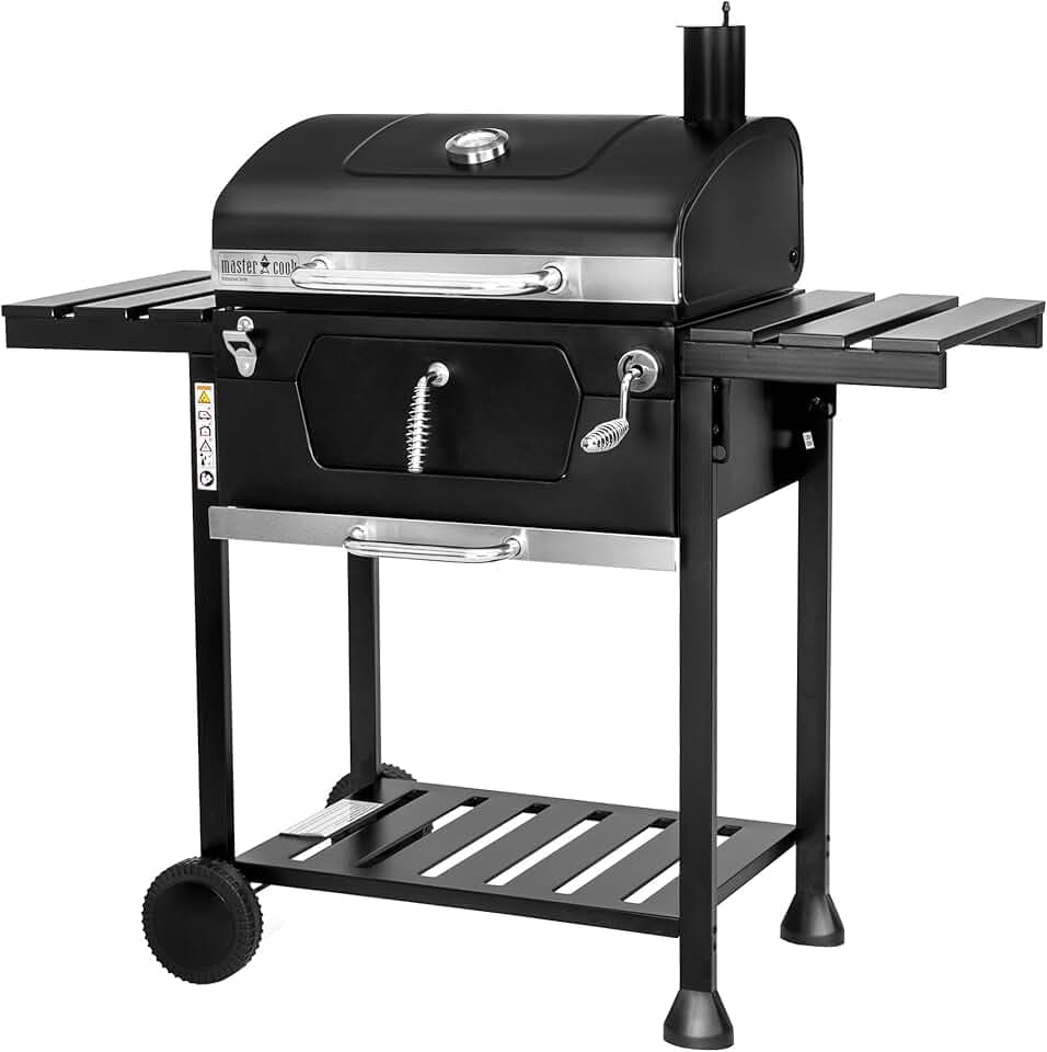 MasterCook - Barbecue A Carbonella Friend Con Doppia Griglia E Regolazione Cestello, BBQ Carbonella Con Coperchio, Termometro, Ripiani Pieghevoli, Barbecue A Carbone Professionale In Acciaio