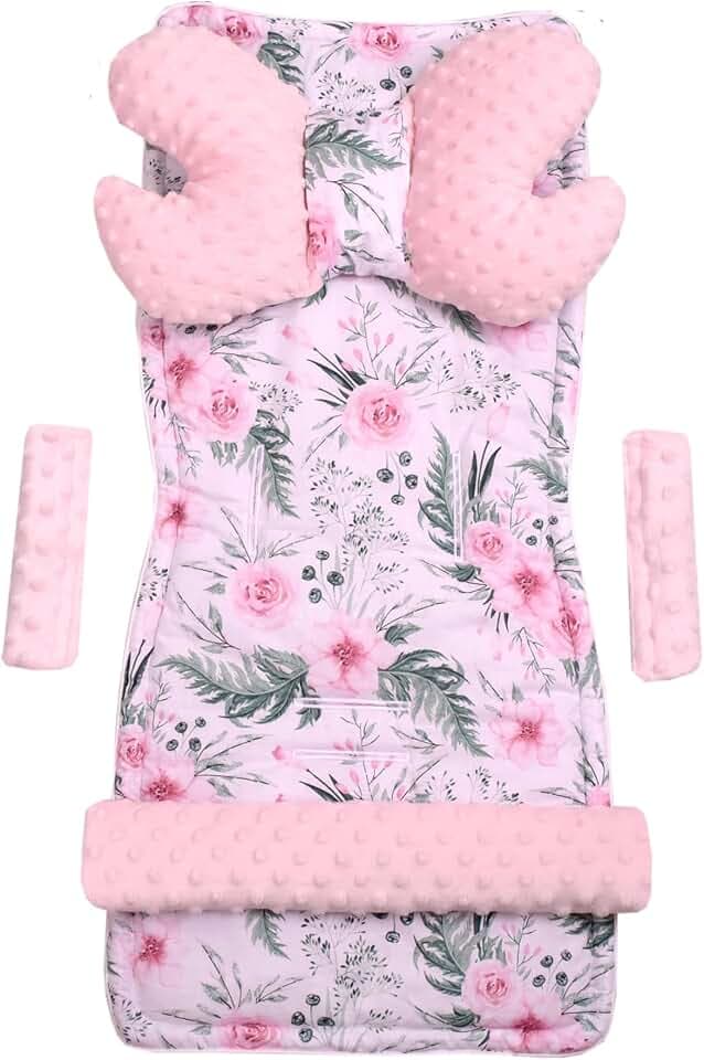 Inserto universale per passeggino per carrello a 5 elementi protezione della cintura + protezione della fascia Cotone Minky Medi Partners (Fiori con rosa Minky)