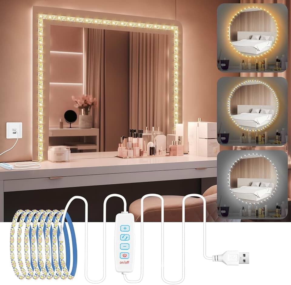 URAQT Luci Da Specchio, USB Luci per Specchio da Trucco per tavolo da toeletta, Striscia LED Flessibile da 4 m LED, 3 Modalità Colore, 9 livelli di regolazione, Kit per Specchioper il bagno