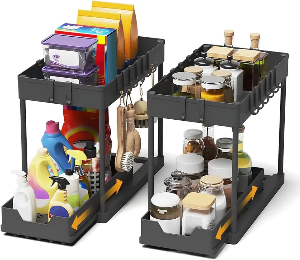 2 Pezzi Organizer Sottolavello Cucina 2 Livelli, Scaffale Estraibile per Lavello, Portaoggetti Sottolavello con 8 Ganci