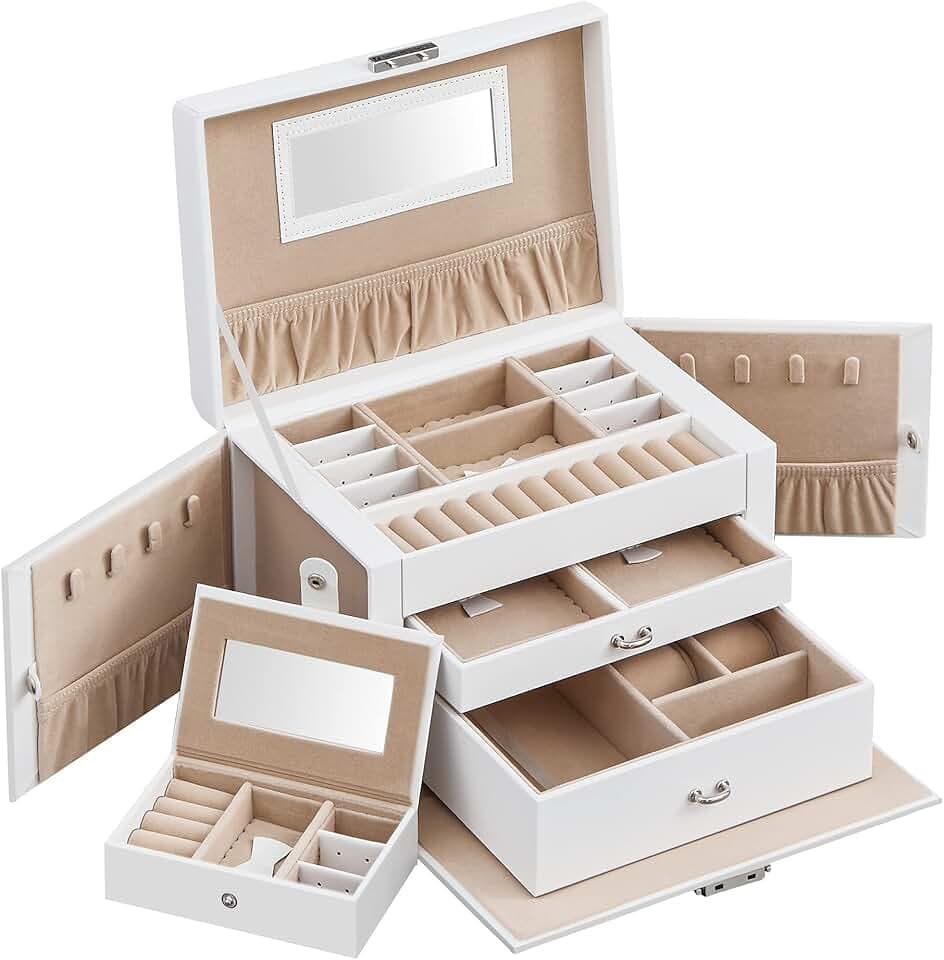 SONGMICS SONGMICS Scatola Portagioie a 3 livelli, Porta Gioielli con 2 Cassetti, con Mini Box Portatile da Viaggio, Maniglia, Chiusura, Idea Regalo, PU Bianco Nuvola, Fodera Beige Sabbia JBC121W.
