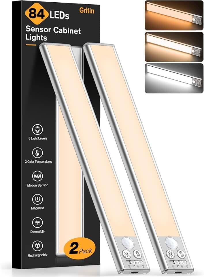 Gritin Luce Led Sottopensile Cucina Ricaricabile 2 Pezzi- 3 Colori & 5 Luminosità, Super Luminoso, 4 Modalità, Sensore di Movimento, Lunga Durata- Facile Installazione Magnetiche Luce Armadio-26CM