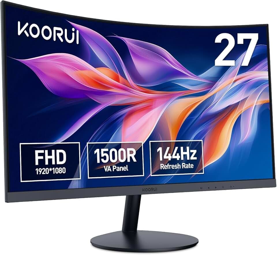 KOORUI Monitor 27 Pollici Curvo (1500R), Full HD (1920x1080), VA, 144 Hz, 5 ms, HDMI, VGA, Gaming Monitor, Eye Saver Mode, Flicker Safe, Nero, 27N5CA