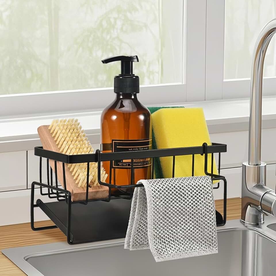 portaspugne per lavello cucina, organizer cucina, portaoggetti per lavello in acciaio inox con vaschetta di scarico automatica, portaoggetti per spugne, asciugamani, spazzole, nero
