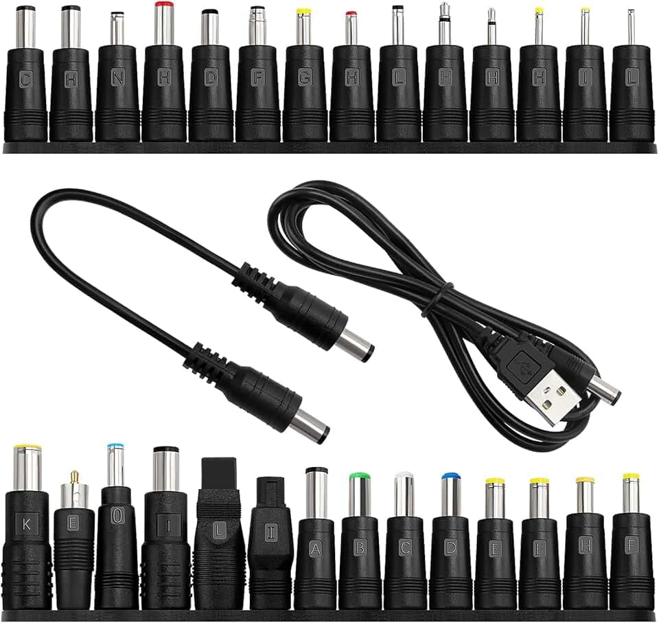 28 Pezzi Adattatore di Alimentazione DC Universale, KUOQIY 5.5x2.1 mm Femmina a Maschio Adattatore Jack Connettore, DC Barrel Connettore Tips con 2 Pezzi Cavo, per Ventilatori, Router