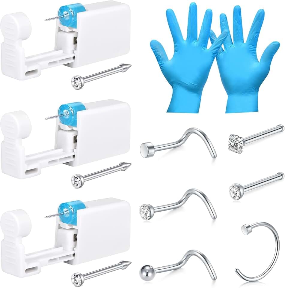 LAURITAMI Set pistola piercing naso, 3 pezzi di pistola per piercing al naso con borchia, set portatile di sicurezza oro/argento con 6 borchie