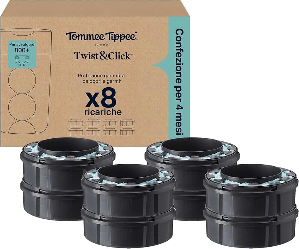 Tommee Tippee Ricariche originali per mangiapannolini Twist & Click Advanced, confezione esclusiva da 8 ricariche di 10,5 metri l’una, praticità e risparmio, 8 X 10,5 m