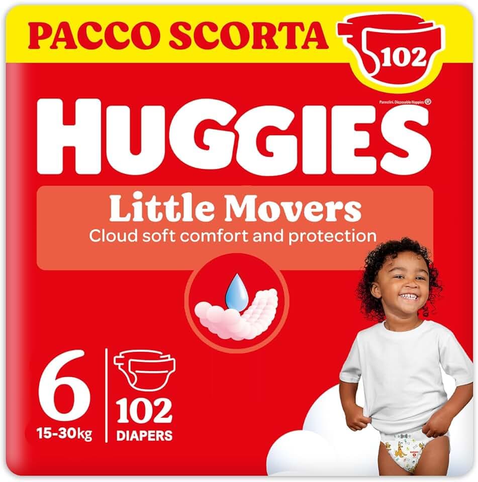 Huggies Little Movers, Pannolini Taglia 6 (16-30 Kg), Design Disney, Pacco Scorta, 102 Pz