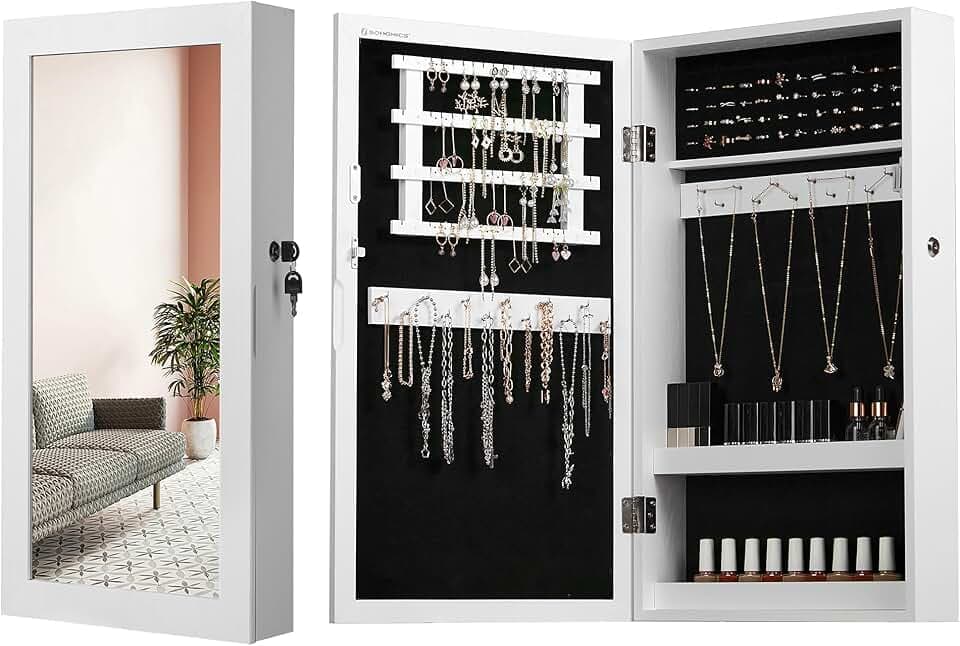 SONGMICS SONGMICS Armadietto Portagioie da Parete, Specchiera Portagioielli con Serratura, Organizzatore per Gioielli con Specchio, Salvaspazio, Esterno Bianco, Interno Nero JBC51W