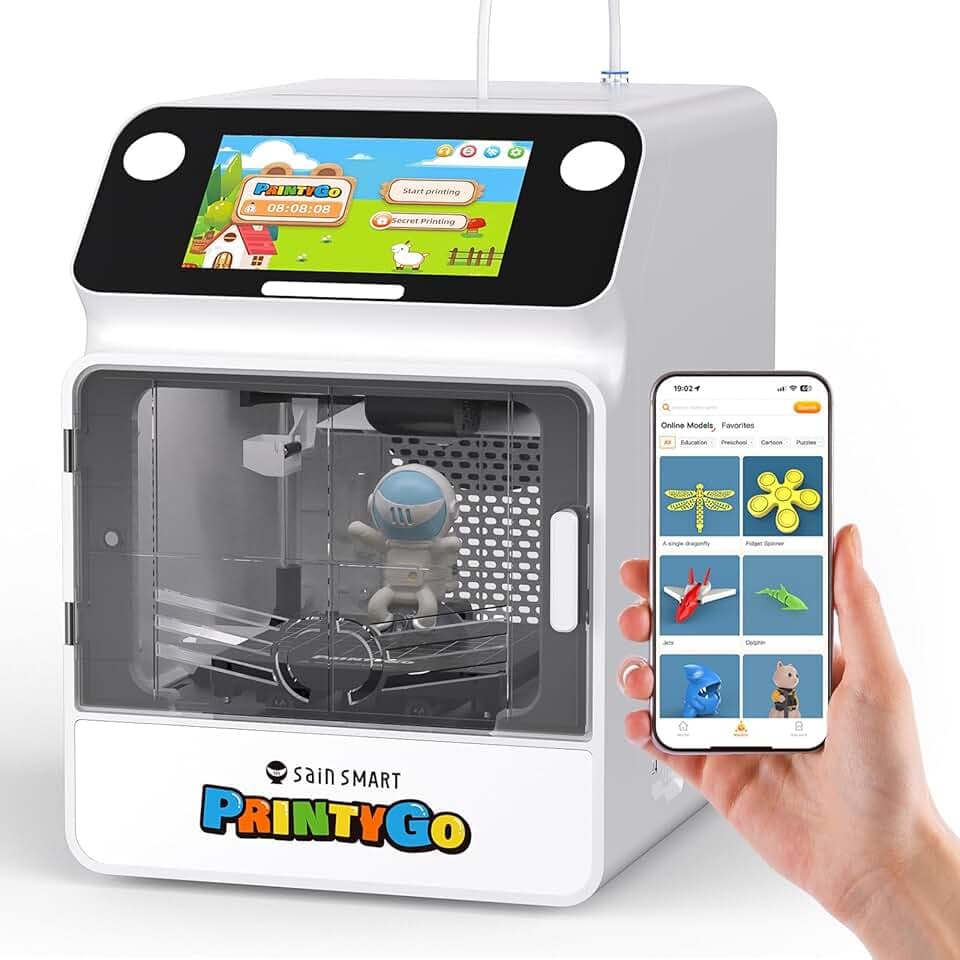 Stampante 3D PrintyGo Mini per bambini, stampante autolivellante da 600 mm/s per principianti con touch screen da 5", design sicuro per bambini, controllo Wi-Fi/app, regalo di apprendimento STEM