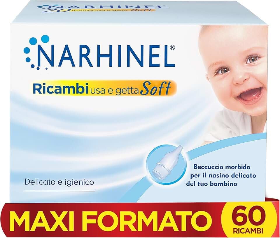 Narhinel MAXI FORMATO 60 Ricambi Morbidi per Aspiratore Nasale Neonati e Bambini con Filtro Igienico Assorbente per Trattenere il Muco, Pacco da 60 Ricambi Monouso