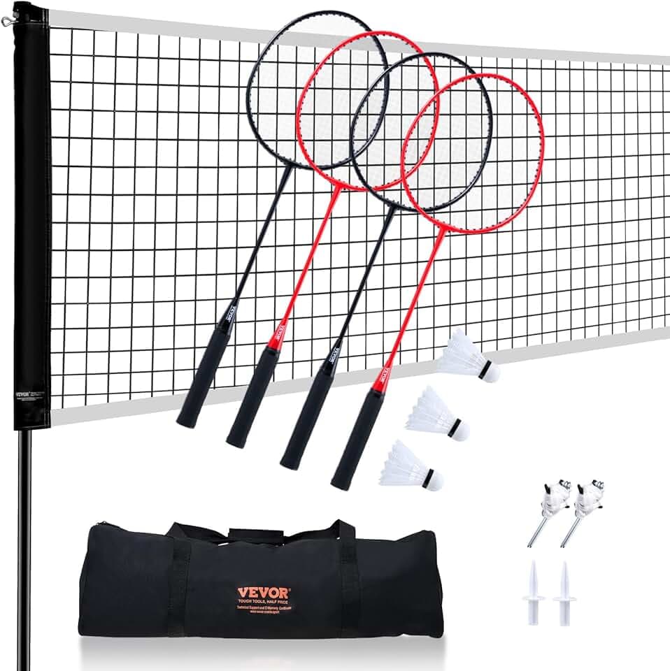 VEVOR Set Rete da Badminton, Rete da Badminton per Parco da Spiaggia all'Aperto nel Cortile, Rete da Badminton con Pali, Borsa per il Trasporto, 4 Racchette in Ferro e 3 Volani in Nylon