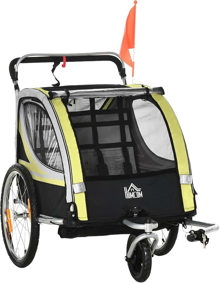 HOMCOM Rimorchio Bici per Bambini e Passeggino, Design 2 in 1 con Freno, Cintura a 5 Punti, Carrello Rimorchio per Bicicletta con Tasche Laterali, Catarifrangenti e Bandierina