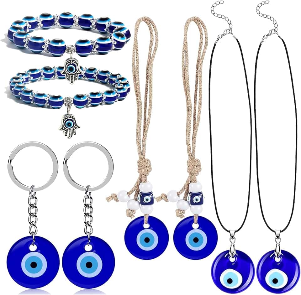 Sasibiyb 8 Pezzi Malocchio Collana Occhio Turco Amuleto da Parete con Occhio Blu Turco Evil Eye Ciondolo per Allontanare Gli Spiriti Maligni, Decorare o Regalare