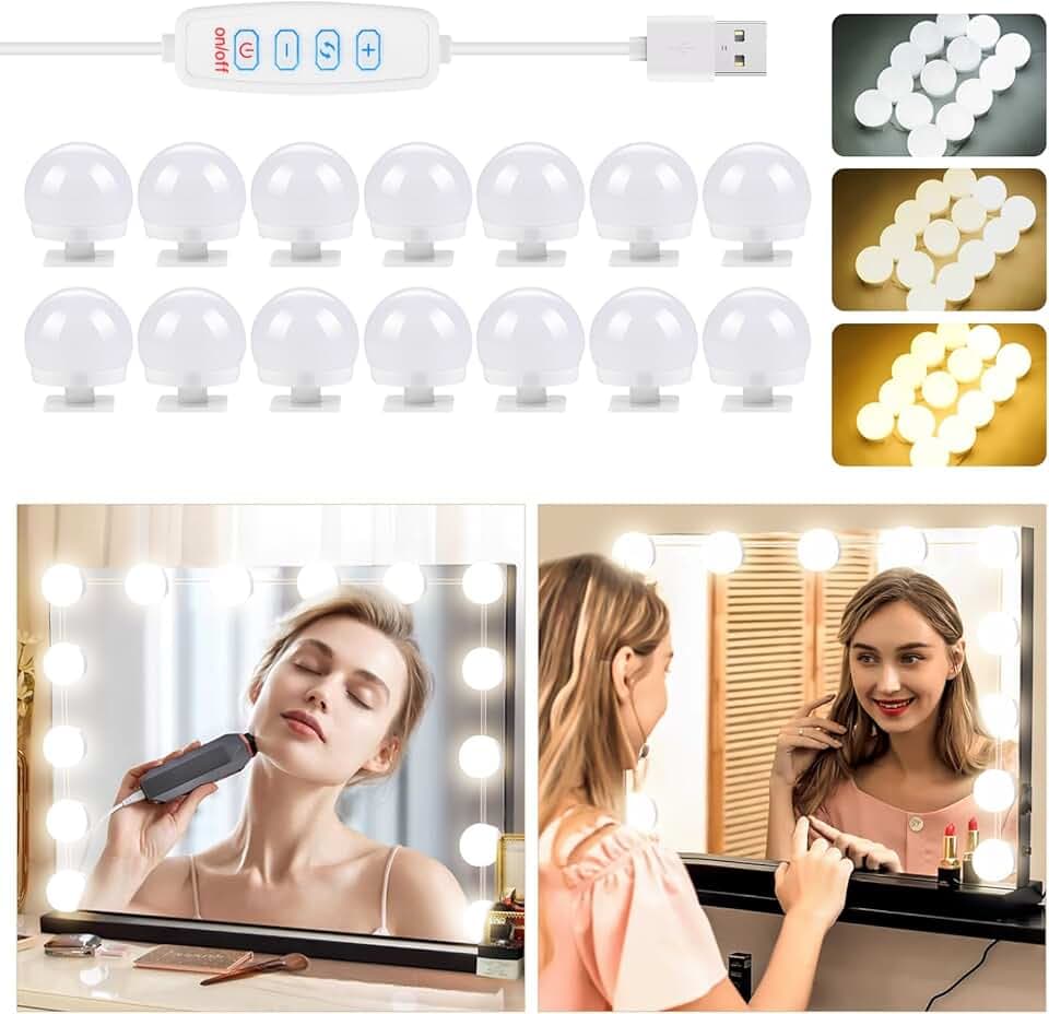 OSDUE Luci da Specchio, Trucco Luci da Specchio LED Stile Hollywood, 14 Lampadine Dimmerabili, 3 Modalità di Colore con Cavo di USB, Applica a Specchio Cosmetico, Lampada Specchio Bagno