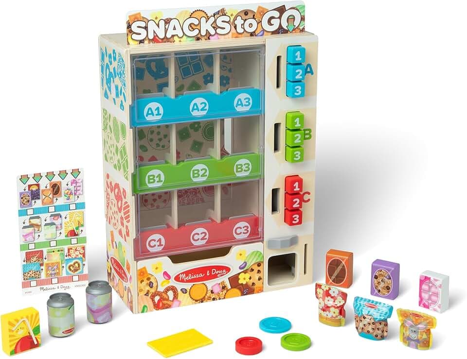 Melissa & Doug Set Il Distributore Automatico delle Merende in Legno - Macchina con Snack Finti, Monete e Tessere, Gioco Educativo di Imitazione, Idea Regalo Creativa per Bambini e Bambine, 3+