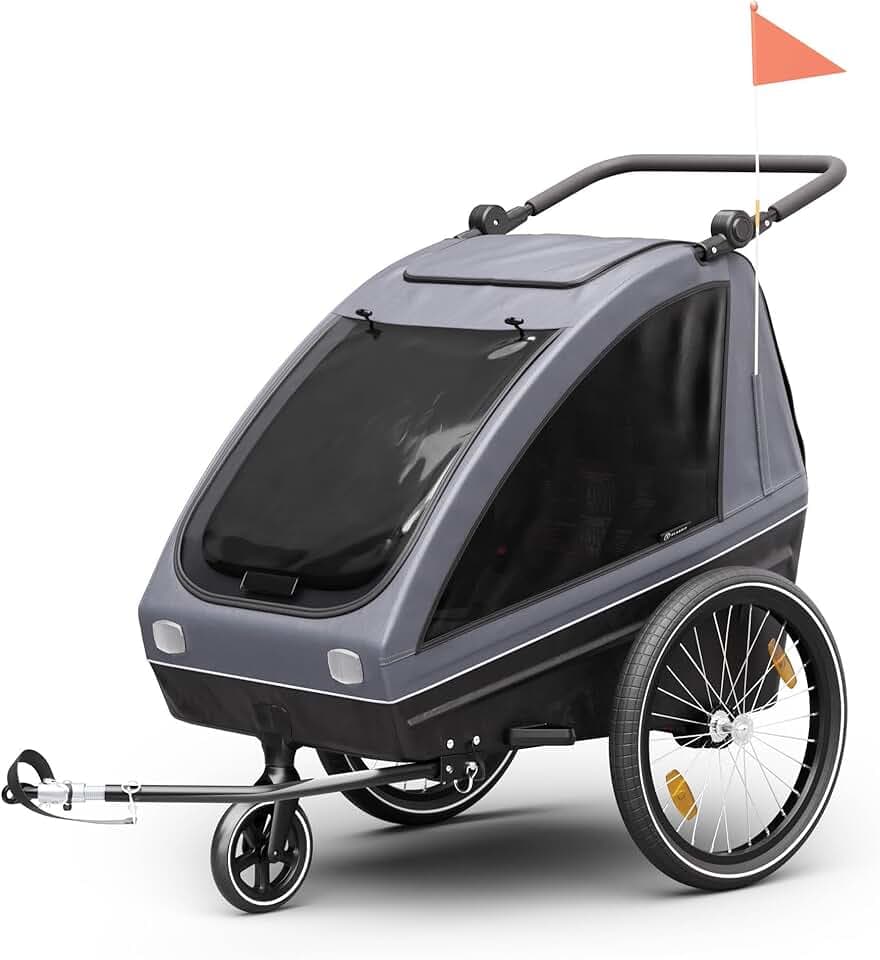KLAR FIT GoKiddo Carrello per Bici - 2-in-1 Rimorchio Bicicletta & Passeggino con Freni, Cinture di Sicurezza, Sedili Regolabili, 40kg di capacità, Protezione Pioggia & UV, Pieghevole, Grigio Scuro