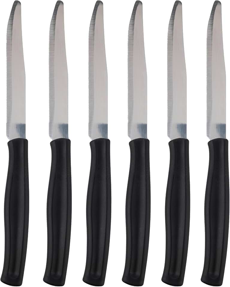 Set 6 coltelli da tavola, Lama seghettata in Acciaio Inox, Manico in plastica PP, Nero, SìChef