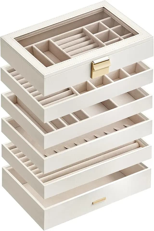 SONGMICS SONGMICS Scatola Portagioie con 6 Vassoi Impilabili, Porta Gioielli Capiente, Coperchio in Vetro Chiaro, 17 x 28 x 25,3 cm, per Cassetto Toeletta, Idea Regalo, Bianco Nuvola JBC195W01