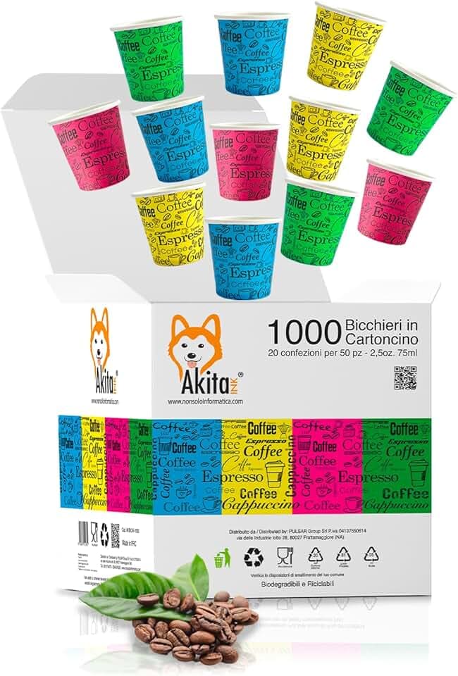 AKITAInk 1000 Bicchierini caffè, Bicchieri Caffe di Carta Monouso Biodegradabili, Biocompostabili Tazzine da 75 ml Bicchierini da Caffè Usa e Getta Ecosostenibili
