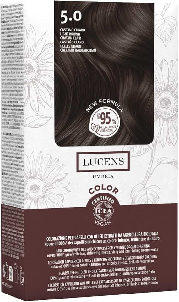 Lucens Umbria - 5.0 Castano Chiaro, Tinta per Capelli Senza Ammoniaca, Kit Colorazione Permanente Vegan con Estratti Naturali, Azione Lenitiva, Idratante e Protettiva