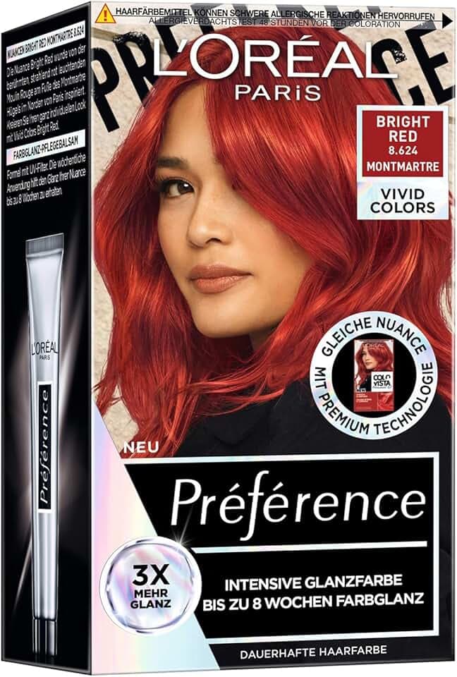 L'Oréal Paris Colori intensi e duraturi per capelli, fino a 8 settimane, capelli lucidi e colori intensi, Préférence Vivid Colors, colore: 8.624 BRIGHT RED