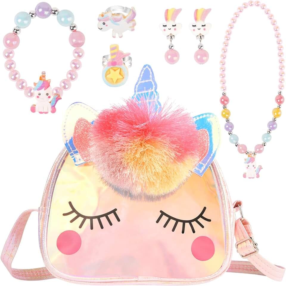 OSDUE Set di Gioielli per Unicorno Borsetta Bambina, Unicorno Peluche Borsetta Bambina, Set Gioielli Unicorno Accessori per Capelli Mollette per Capelli 3-6 Ragazze Arcobaleno Collana Bracciale Anello