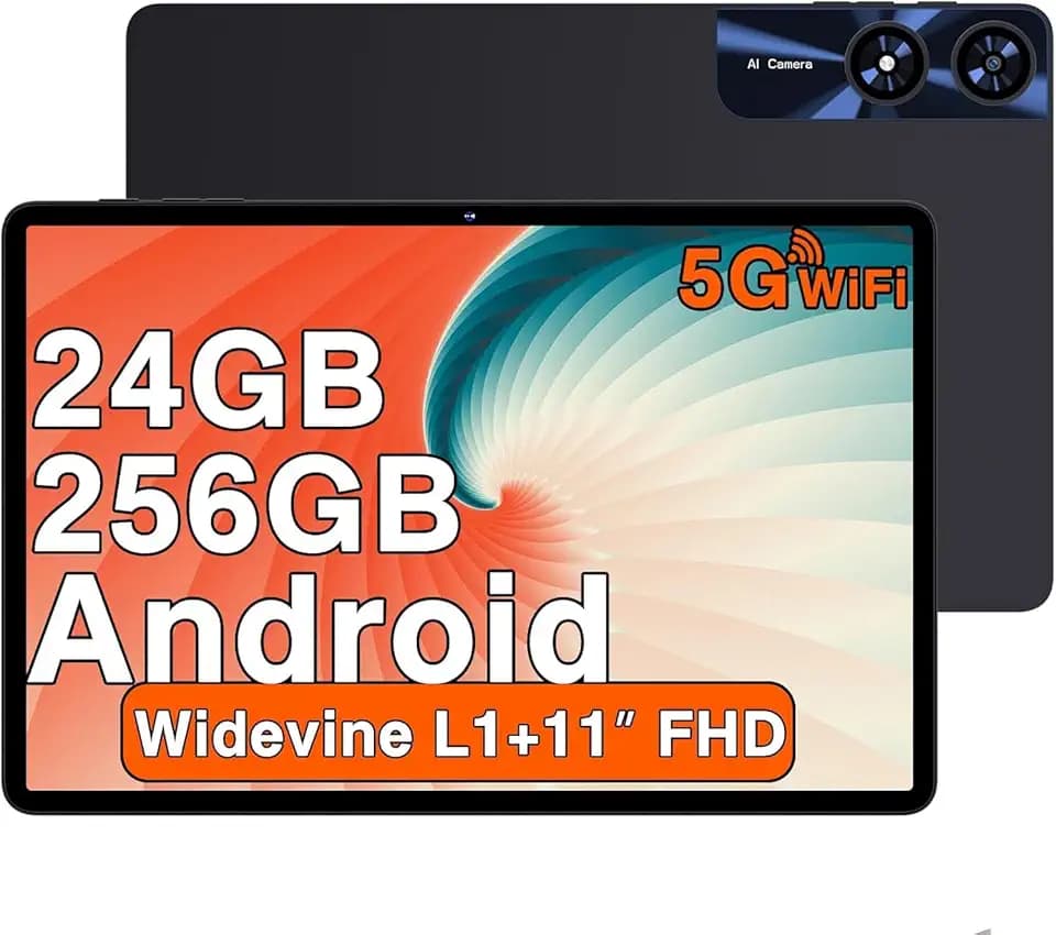 Tablet 11 Pollici Android Tablet con 24GB RAM + 256GB ROM(TF/2TB), Octa-Core 2.0 GHz, 2.4G/5G WiFi, Bluetooth 5.0, Widevine L1, 8000mAh, 5MP+13MP, 1280 * 800 Pixels FHD, Touch Screen con Case - Negro