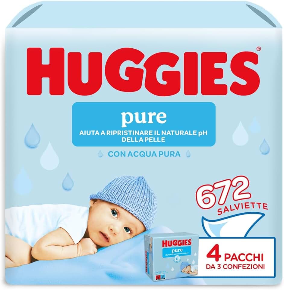 Huggies Pure Salviette Umidificate per Bambini, 672 Salviette, 99% Acqua pura, Ipoallergeniche e Senza Profumo, (12 pacchi x 56 pz)