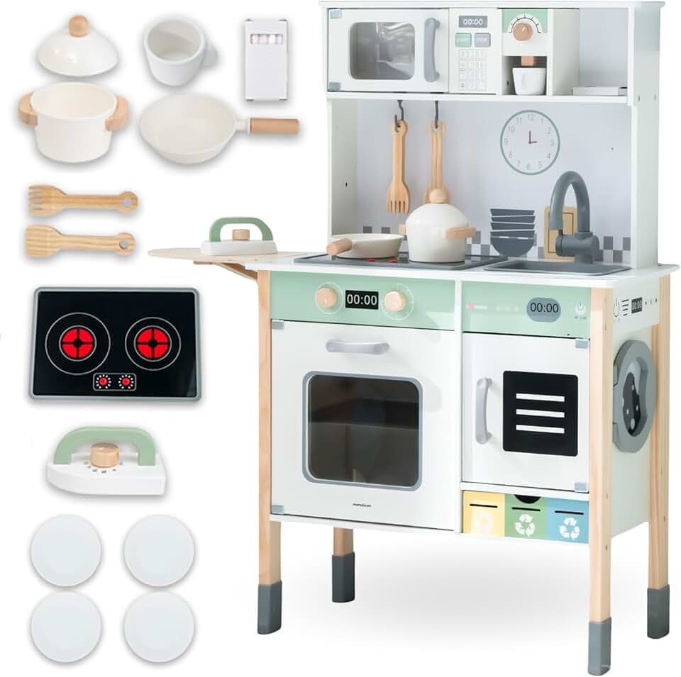 Mamabrum Cucina Interattiva in Legno – Montessori 3+ – Suoni & Luci, Altezza Regolabile, Forno, Microonde, Lavastoviglie e Lavatrice, Set Completo