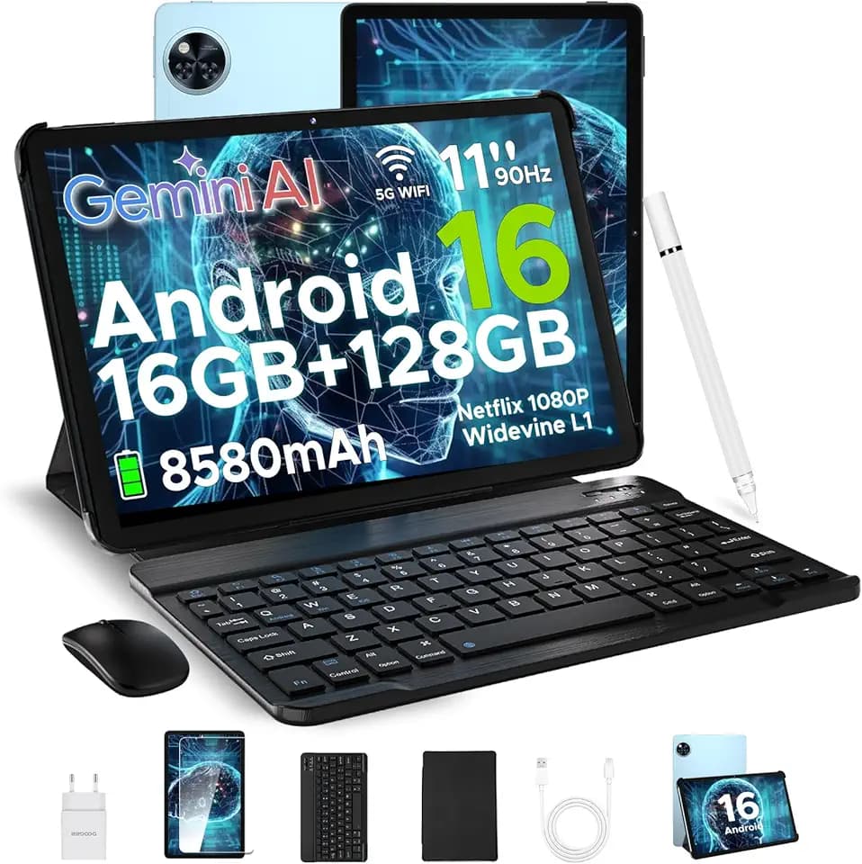 DOOGEE U11 Android 16 Tablet 11 Pollici, 16GB+128GB/2TB TF Tablet con Tastiera, 90Hz, 8580mAh, 7.9mm Thin, Unisoc T7200 Octa Core/13MP/Widevine L1/Face ID, Tablets con Penna & Mouse & Case - Blu